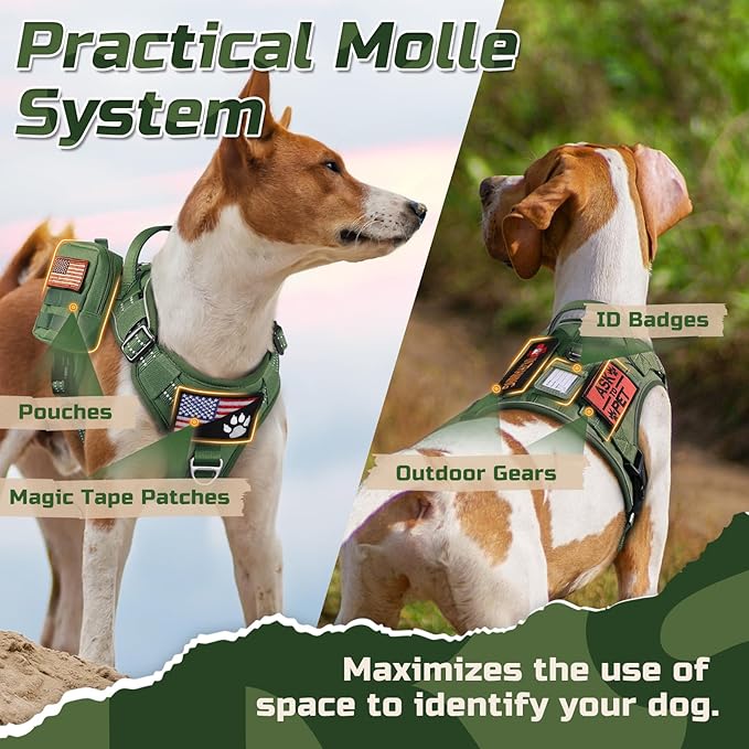 rabbitgoo Tactical Dog Harness for Large Dogs, No Pull Military Service Vest with Handle & Molle, Easy Control for Training Walking, Adjustable Reflective Straps, Green, XL
