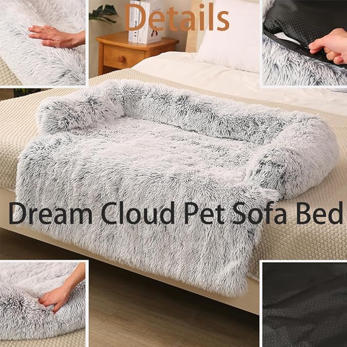 Dream Cloud Pet Sofa Bed for Dogs Cats, 2026 Washable Removable Calming Fluffy Plush Mat for Furniture Protector, Long Fur Non-Slip, for Small/Medium/Large Home Pets (Grey, M: 33.5 * 28.3IN)