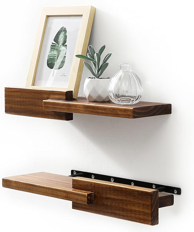 GRID FORTE Wood Floating Shelf Set of 2, 4.5D x 15W Inch Modern Reversible Wall