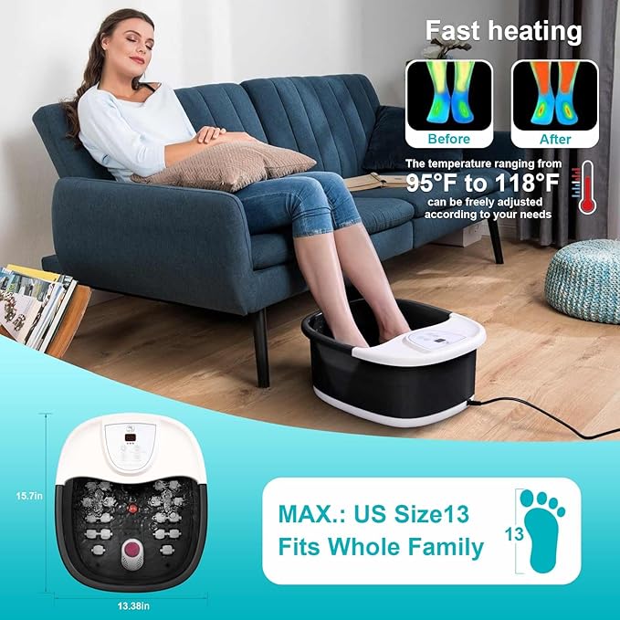 Foot Spa Bath Massager with Heat [2025 Upgraded], Jets, Vibration, Adjustable Temp, Bubbles, Epsom Salt, Foot Soaking Tub with 22 Massage Rollers, Pedicure Foot Spa for Relaxation, Black