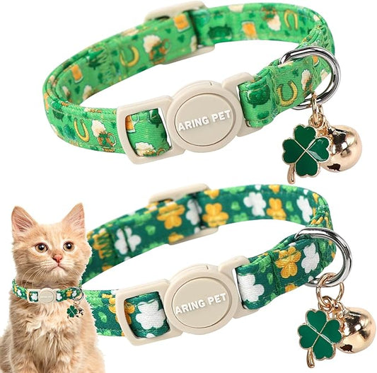 ARING PET 2 Pack St. Patrick's Day Cat Collars-Cute Green Clovers Cat Collar Breakaway with Bell&Pendant, Adjustable Lucky Trefoil Shamrock Kitten Collars with Safety Buckle