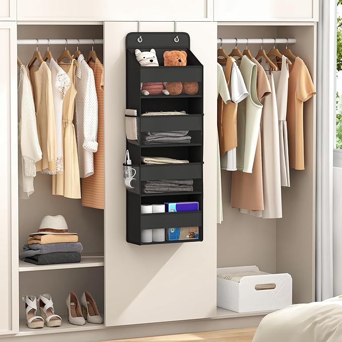 1 Pack 4-Tier Over the Door Organizer, Heavy-Duty Large Deep Pocket Hanging With 4 Large Front & 4 Side Pockets With for Pantry, Kitchen, Bathroom, Dorm, Black