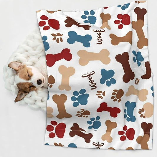 Two Sided Pet Cuddler Blanket for Anxiety Calming, Dog Bones Paw Prints Cream, Reversible Plush Design with Bubble Dot Pattern Provides Familiar Surface Anywhere