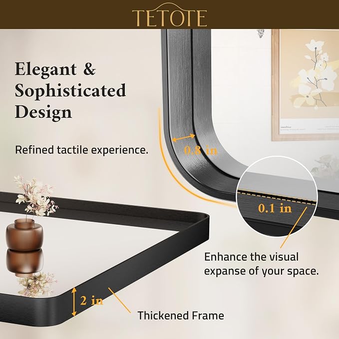 TETOTE 60 x 40 Inch Black Frame Mirror, Bathroom Vanity Mirror