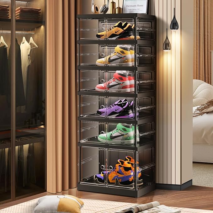 CIMLORD 6 Tier Foldable Shoe Rack for Closet Entryway 6-12 Pairs Stackable Clear Shoe Storage Boxes with Lids Shoes Shelf with Door Plastic Organizer Cabinet Easy Assembly Black