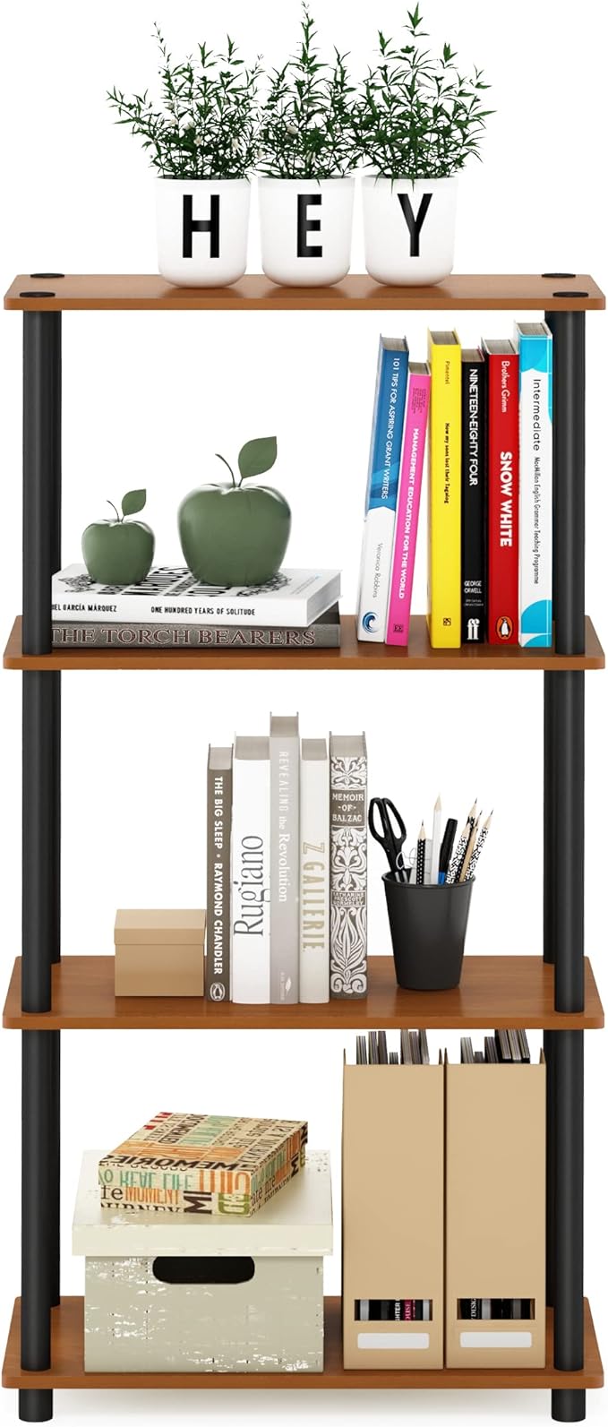 Furinno (99557LC/BK) Turn-N-Tube 4-Tier Multipurpose Shelf Display Rack - Light Cherry/Black