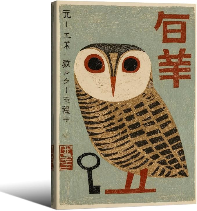 Vintage Japanese Framed Wall Art Owl Poster Mid Century Animal Print 16x24in