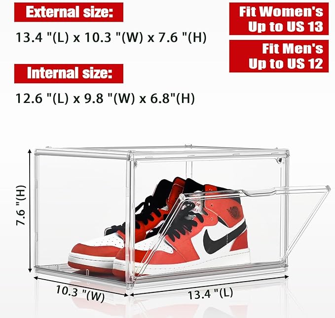 10 Pack Acrylic Shoe Boxes Stackable, Size 12 Clear Shoe Display Cases Plastic Shoe Container Boxes Sneaker Storage Bins