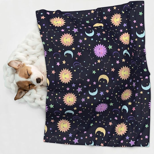 Double Sided Pet Bed Blanket for Added Cushion Warmth, Trippy Sun Moon Stars, Reversible Cover with Textured Dot Surface for Existing Beds Standalone Mat