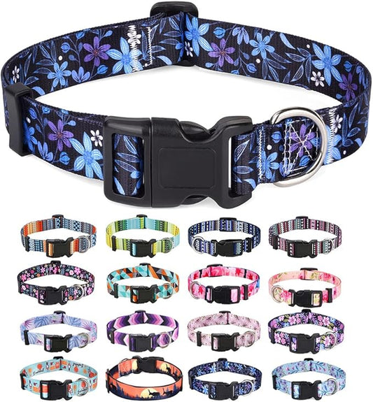 Dog Collar with Bohemia Floral Tribal Geometric Patterns - Soft Ethnic Style Collar Adjustable for Small Medium Large Dogs(Floral Blue,L)