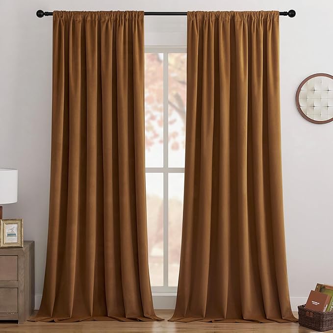 Joydeco Golden Brown 100% Blackout Curtains 90 Inch 2 Panels, Luxury Thermal Brown Velvet Curtains for Bedroom Living Room, Soundproof Blackout Window Drapes, Rod Pocket & Back Tab (52W x 90L)