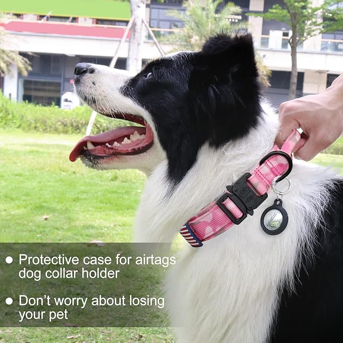 Hotsky Tactical Dog Collar, Adjustable Military Training Nylon Airtag Collar with Handle and Heavy Duty Metal Buckle for Medium Large Dogs, with Airtag Holder and Two Patches（Pink Camo,XL）