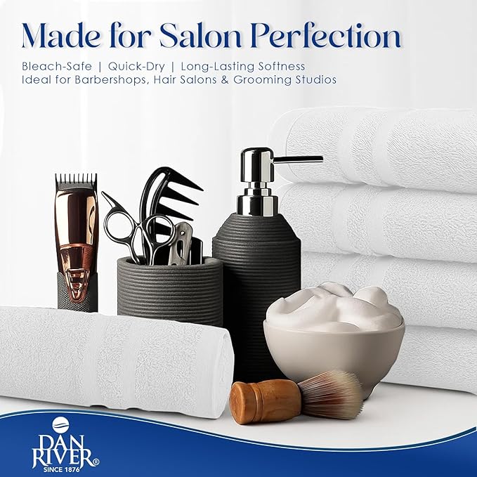 DAN RIVER 100% Cotton Salon Towels Set – 16x26 inches, Pack of 24, Highly Absorbent and Quick-Dry Towels for Hand, Salon, Spa, Beauty, Gyms and Home Hair Care, White