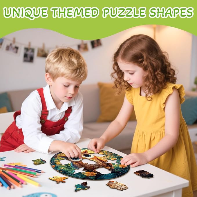 Animal Wooden Puzzles for Kids - Cute Owl | 50 Piece Puzzles for Kids Ages 4-6 - Kids Puzzle with Unique Piece Shapes - Round Puzzles for Boys and Girls (11.4 * 11.4 in)