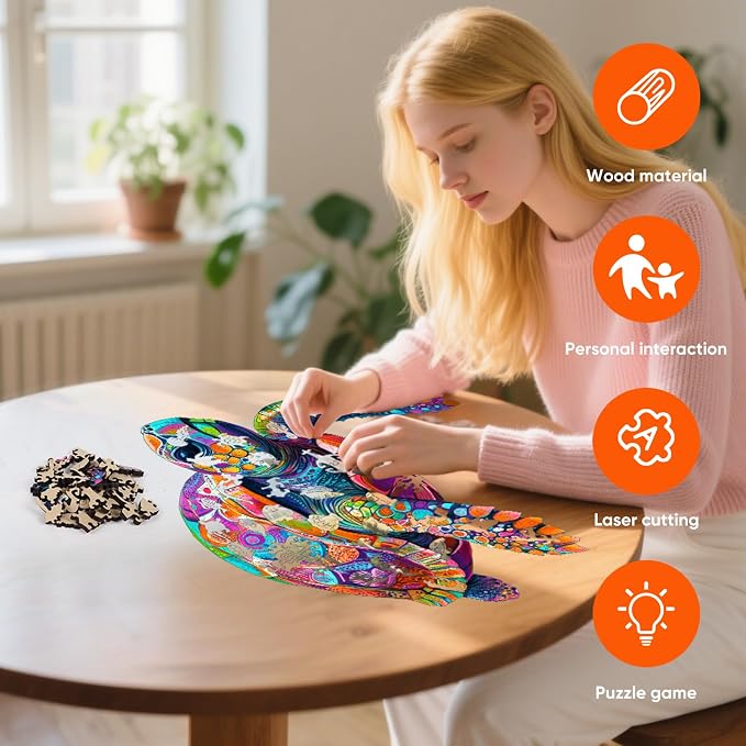 Mys Aurora Colorful Turtle Puzzles for Adults 200 Pieces Ocean Wood Puzzles | 5MM Thick Wooden Jigsaw Puzzles, Unique Shape Puzzle for Adults and Kids Birthday Gifts Family Game 11.4 * 11.4 inches
