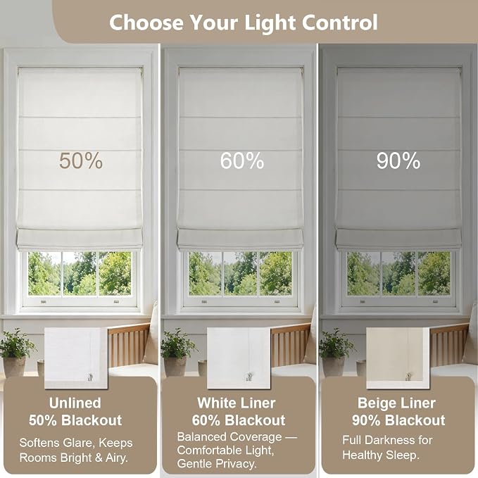 DEJAVU No Drill Cordless Blackout Roman Shades, Linen Textured Privacy Roman