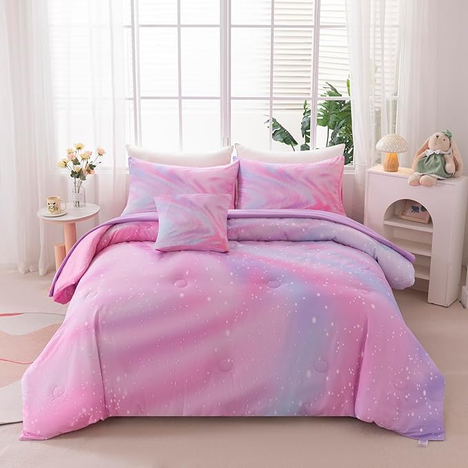 4Pcs Pink Comforter Set Full for Kids Girls, Pink Art Tie Dye Bedding Sets with Sheets, Bed in A Bag Full(1 Comforter, 1 Flat Sheet, 2 Pillowcases)