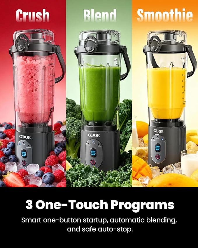 GDOR Cordless Portable Blender for Shakes and Smoothies, Personal Blender with Detachable Base and Twist-and-Go Cup, 3 Auto Programs, 2x23 oz Cups, USB-C Rechargeable, Dishwasher Safe, BPA-Free