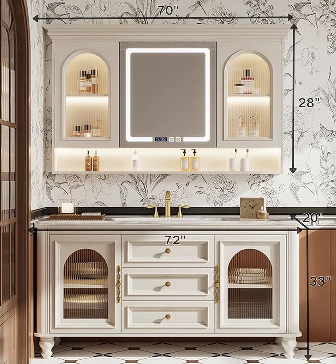 Freestanding Bathroom Vanity with Sink, Solid Wood Bathroom Vanity Set, Vintage Bathroom Vanities with Large Capacity Storage Cabinet and Open Shelf, Elegant Vanities (White,72")