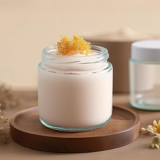 4oz Jars with Lids, Hoa Kinh 12 Pack Clear Glass Jars with Lids Empty Cosmetic Containers Round Airtight Glass Jar with Inner Liners and White Lid for Storing Lotions, Powders, and Ointments
