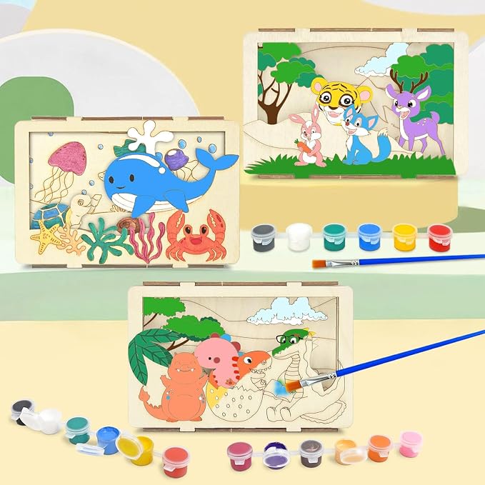 Vileafy Crafts for Kids Ages 4-8, 6-Pack Painting 3D Scene Wood Puzzles | Creative Summer Crafts, Individual Paint & Brushes, Dinosaur, Under the Sea, Animals Craft for Boys and Girls Gifts