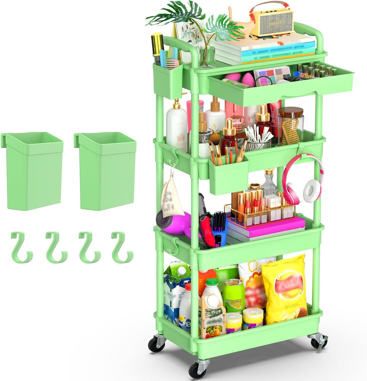 Goovilla 3 Tier Rolling Utility Cart Organizer with Removable Drawer, Stable and Sturdy Black Rolling Storage Carts with 2 Lockable Wheels for Bathroom, Kitchen, Snack, Craft, Makeup, Baby Essentials