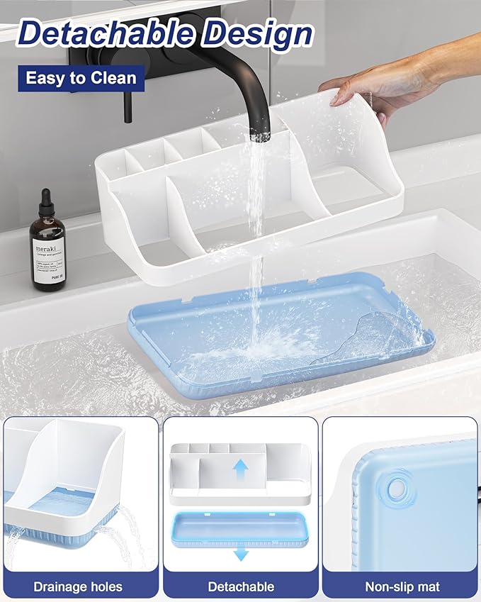 Bathroom Counter Organizer and Storage, 7 Slots Detachable Toothbrush Holders for Bathrooms, Anti-Slip Electric Toothbrush and Toothpaste Holder Countertop Vanity Organizer Accessories for Adults Kids