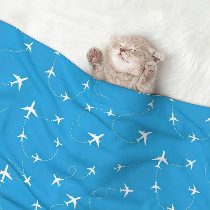Double Sided Pet Mat for Dog Bed Topper Cat Blanket Furniture Protector, Aircraft Airplane Pattern Navy Blue, Reversible Plush with Tactile Dot Pattern for Style Change