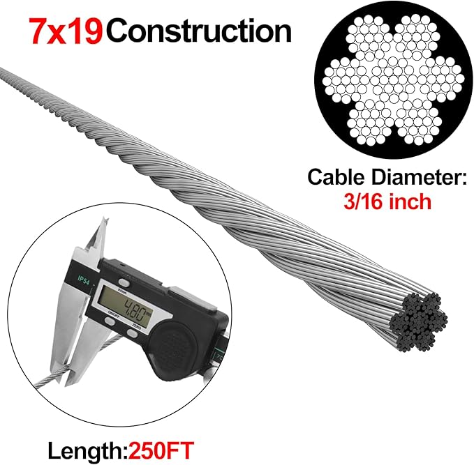 BLIKA 250FT 3/16" Stainless Steel Cable, 304 Stainless Steel Decking Railing Cable with 7 x 19 Strand Construction, 3700lbs Breaking Strength Marine Grade for Rail, Deck and DIY Balustrade