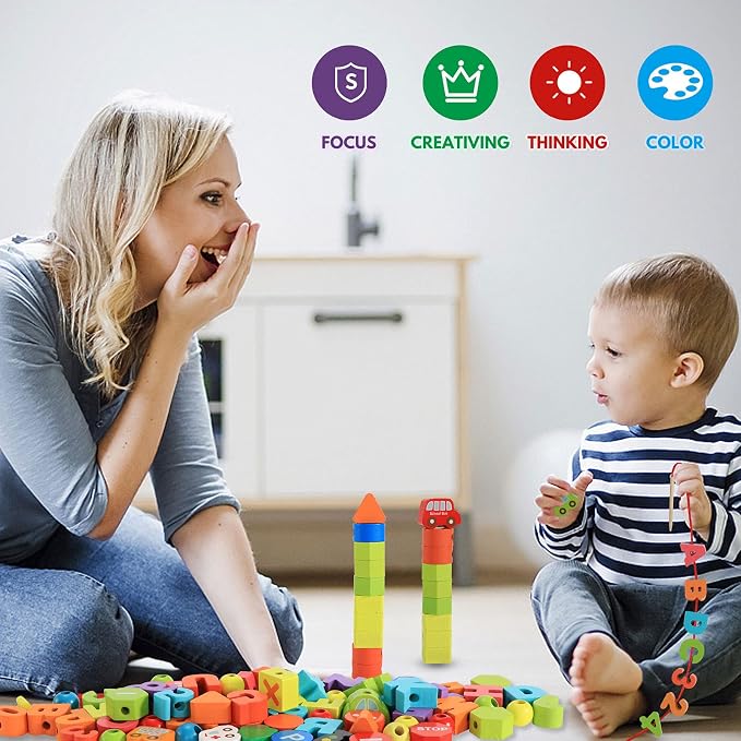 BMTOYS Wooden Lacing Toy Alphabet Number Threading Beads for Boys Girls Age 3 4 5 6 Montessori Educational Learning Birthday Gift
