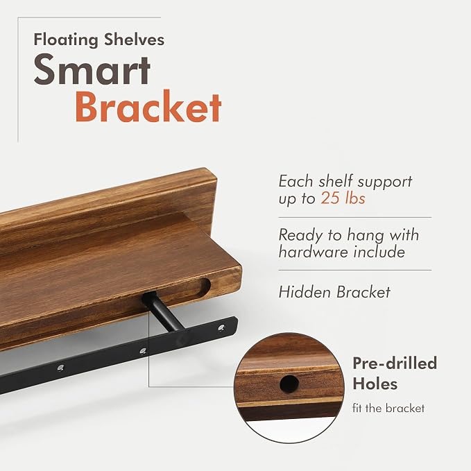 GRID FORTE Wood Floating Shelf Set of 2, 4.5D x 15W Inch Modern Reversible Wall