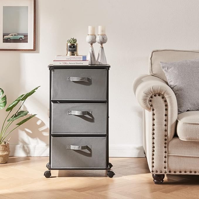 MAX Houser Dresser Tower with 3 Drawers for Bedroom, Fabric Storage Organizer Unit, Chest of Drawers with with WoodTop, Small Vertical Storage for Guest Room, Closet, Entryway, Nursery (Grey)