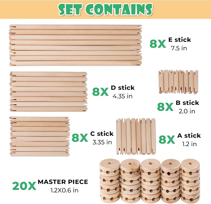 Wooden Building Blocks 60PCS Montessori STEM Toy for Kids 6+, Natural Wood Splicing Joints and Sticks Educational Sensory Tinker Creative 3D Playset Stacking Game (Pack of 2)