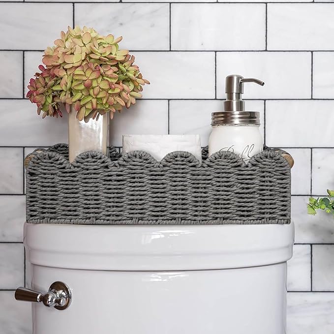 CubesLand Scalloped Edge Toilet Paper Storage Basket, Living Room Home Cozy Decor Basket, Paper Rope Small Baskets for Over Toilet Storage Shelf, End Table, Shelves, with 2 Wooden Handles, Grey