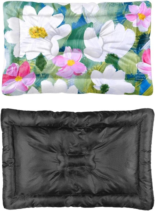 White Pink Floral Dog Beds Dog Cute Bed Mat Pet Padding Crate Pad Washable Non-Slip Medium Crate Bed Rectangular Mat Pillow Indoor Outdoor 36X24 Inch
