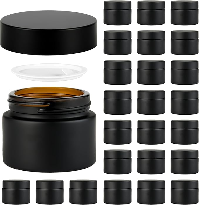 1 oz Reusable Black Glass Container Jars 24 Pack with Wide-mouth Leak Proof Cap and Inner Pull-On Lid for Travel Storage Makeup, Face Creams, Body Lotions, DIY Crafts or Others