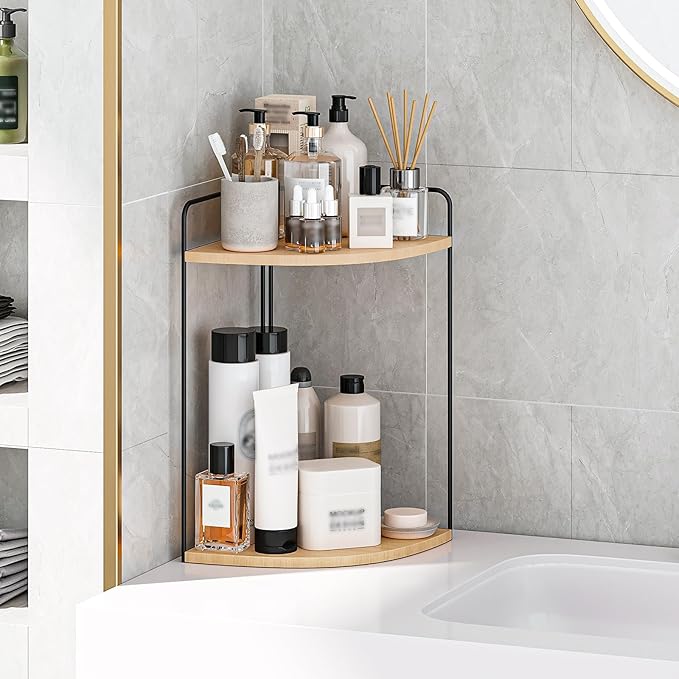 Forest Angle Bathroom Counter Organizer,Countertop Organizer,Vanity Organizers,Bathroom Storage,Bathroom Sink Caddy,Counter Shelf,Corner Counter,Corner Shelves(Black-Burlywood)