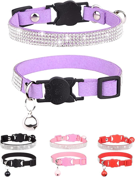 Solmoony Breakaway Cat Collars with Bell,Adjustable Safe Kitten Collar,Cat Collars for Girl Cats with Rhinestone Soft Velvet (Purple)