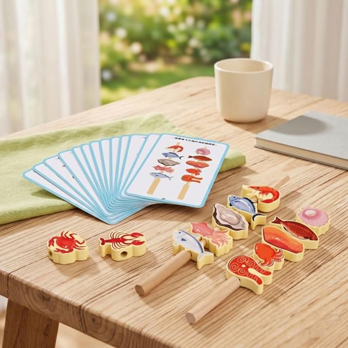Menolana Children Cognitive Game Fruit Threading Toy Set with Wooden Lacing Beads Pattern Cards Stacking Creative Role Play Props Suitable for Preschool Activities Group, BBQ Meat Skewers