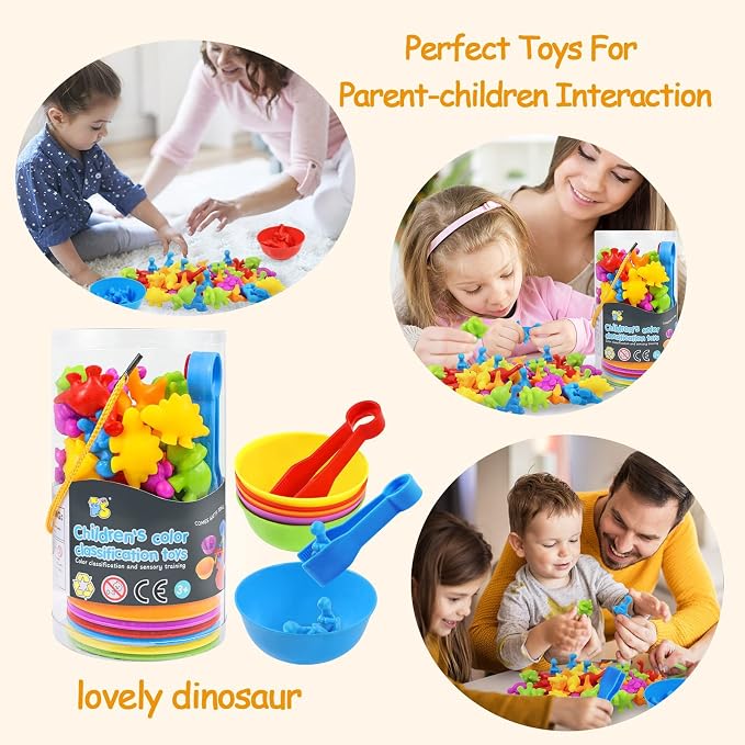 RAEQKS Counting Sorting Dinosaur Toys Montessori Sensory Matching Toy with Bowls Preschool Learning Activities Educational Stacking STEM Game Animals Gifts Sets for Kids Aged 3+ Years Old Boys Girls
