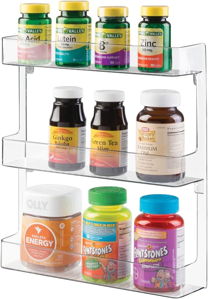 mDesign Plastic Wall Mount, 3 Tier Storage Organizer Shelf to Hold Vitamins, Supplements, Aspirin, Medicine Bottles, Essential Oils, Nail Polish - Large Capacity - Ligne Collection - 2 Pack, Clear