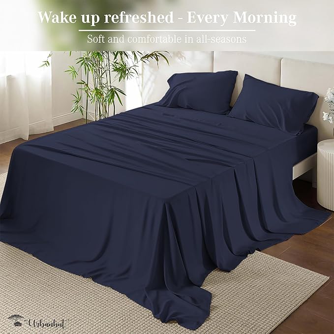 URBANHUT 700 Thread Count King Size Egyptian Cotton Sheets, 4Pc Sheet Set Soft Luxury Bed Sheets for King Size Bed, Sateen Weave Hotel Sheets, 16'' Elasticized Deep Pocket - Navy Blue
