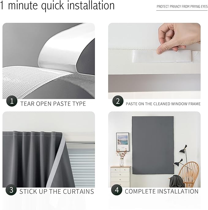 Magic Tape Stick On Curtains Window Shades Pull Down Blackout Window Cover Blackout Curtains for Bedroom No Drillng Self Adhesive Curtains No Rod, 35" W X 59" L, Grey, 1 Panel