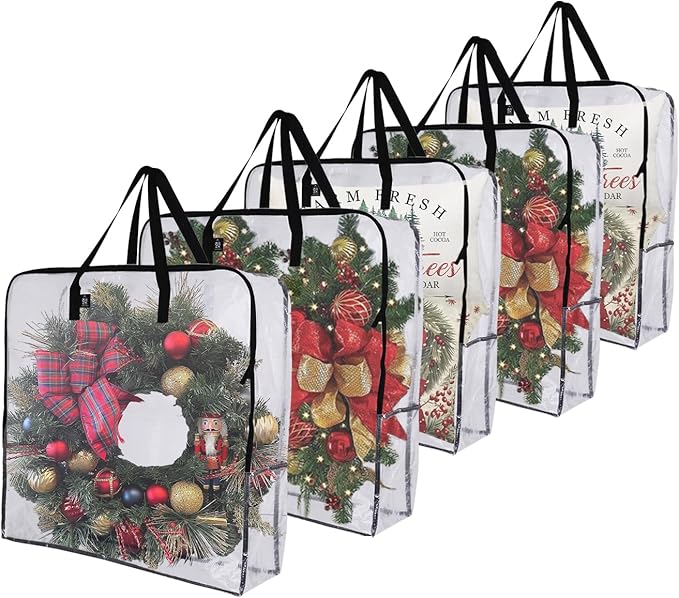 VENO 5 Pack Wreath Storage Bag and Christmas Decoration Garland Container, 30 Inch Clear Wreath Bag, Holiday Decoration Organizers, Moving Boxes. Packing Supplies for College (Square - 5 Pack)