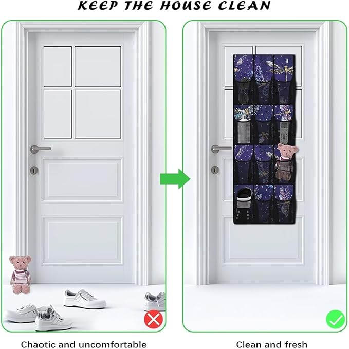 Glowing Dragonfly Over Door Hanging Organizer, 12 Glow-in-the-Dark Mesh Pockets for Night Visibility, Perfect for Dorm Room & Apartment Bathroom Storage
