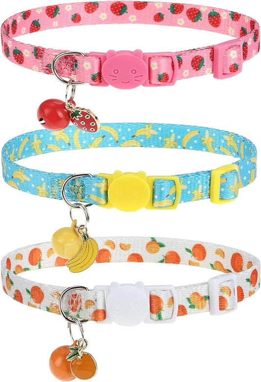 Breakaway Cat Collars with Bell & Cute Pendants, 3 Pack Safety Buckle Kitten Collars, Adjustable Pet Collar Ideal for Girl Boy Cats Puppy (Fruit Pattern)