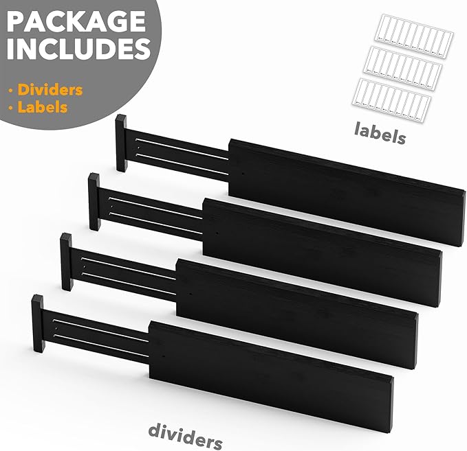 SpaceAid Bamboo 4 Pack Dresser Drawer Dividers, 4.65“ High Adjustable 17“-22” Drawer Organizers, Expandable Organization for Clothing, Clothes, Dressers, Black