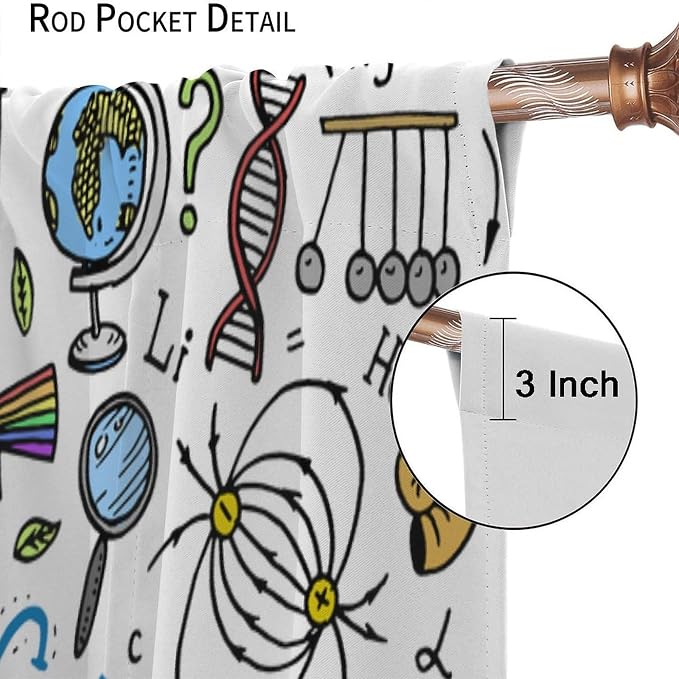 Science Symbols Kids Curtain Sketches Cartoon Chemistry Physics Geometry Education Pattern Print Window Drapes for Bedroom Living Room Kitchen Decor,2 Panel Set,63x63 Inch Blackout