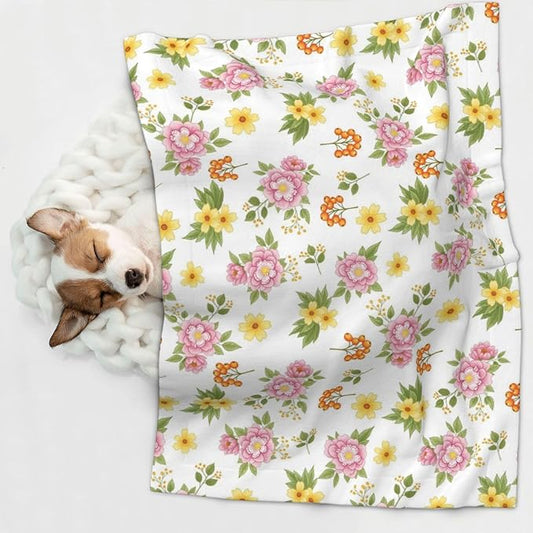 Pet Blanket for Car Rides Vet Visits, Colorful Rowan Berries Blossoming Spring Poppies Pattern, Two Sided Reversible Plush Design with Bumpy Dot Side Offers Comfort Home Piece On Go Travel