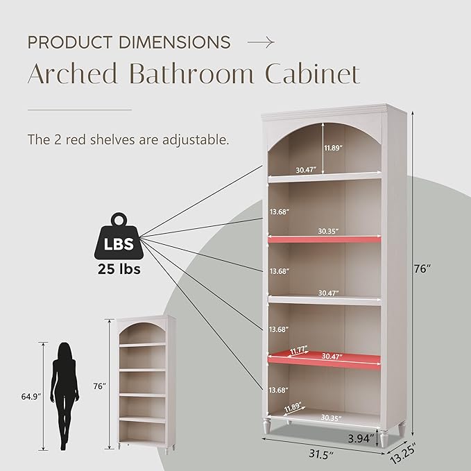 76" Tall Arched Bathroom Storage Cabinet, 5 Tiers Large Farmhouse Arched Cabinet w/Adjustable Shelves, Modern Wooden Storage Cabinet for Bathroom, Living Room, Entryway, Study Room (Cream)